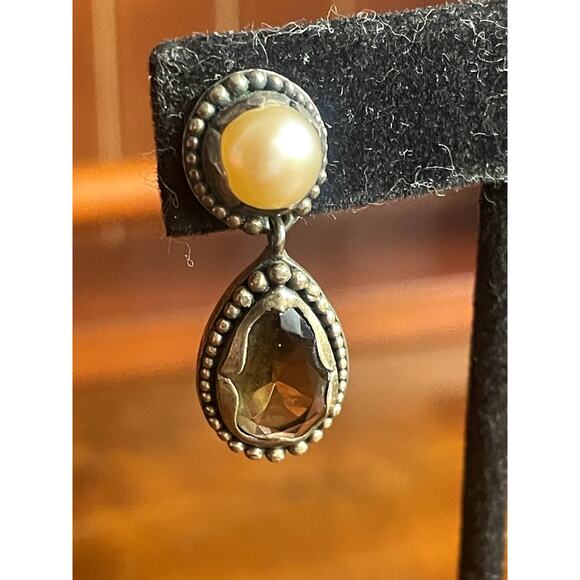 Sterling Silver Drop Earrings Pearl & Faceted Gemstone Southwestern IGD Marked - Picture 3 of 9